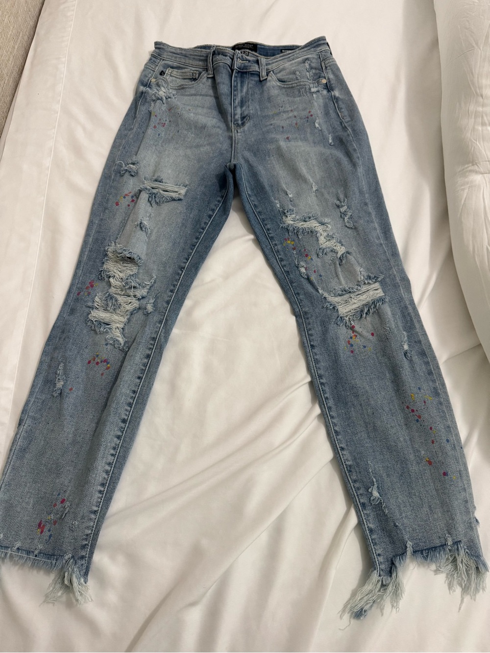 Judy Blue Light Blue Distressed Boyfriend Jeans with Paint Splatter